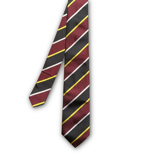 Regent - Woven Silk Tie - Burgundy, Black, Gold and White Stripe