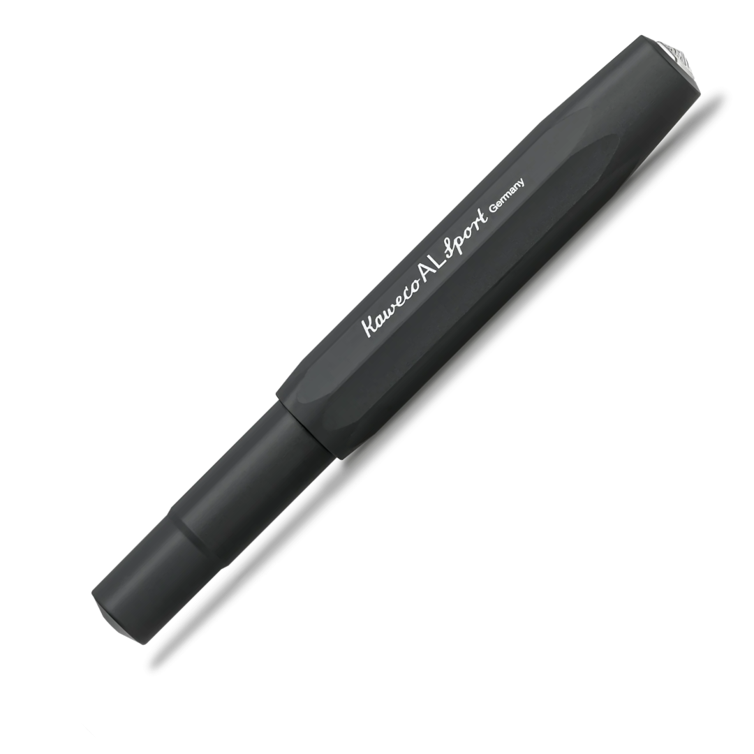 A black Kaveco AL sport pen with white branding text, shown diagonally on a clean white background with a soft shadow.
