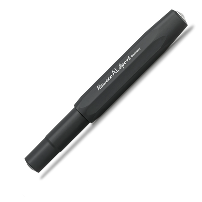A black Kaveco AL sport pen with white branding text, shown diagonally on a clean white background with a soft shadow.