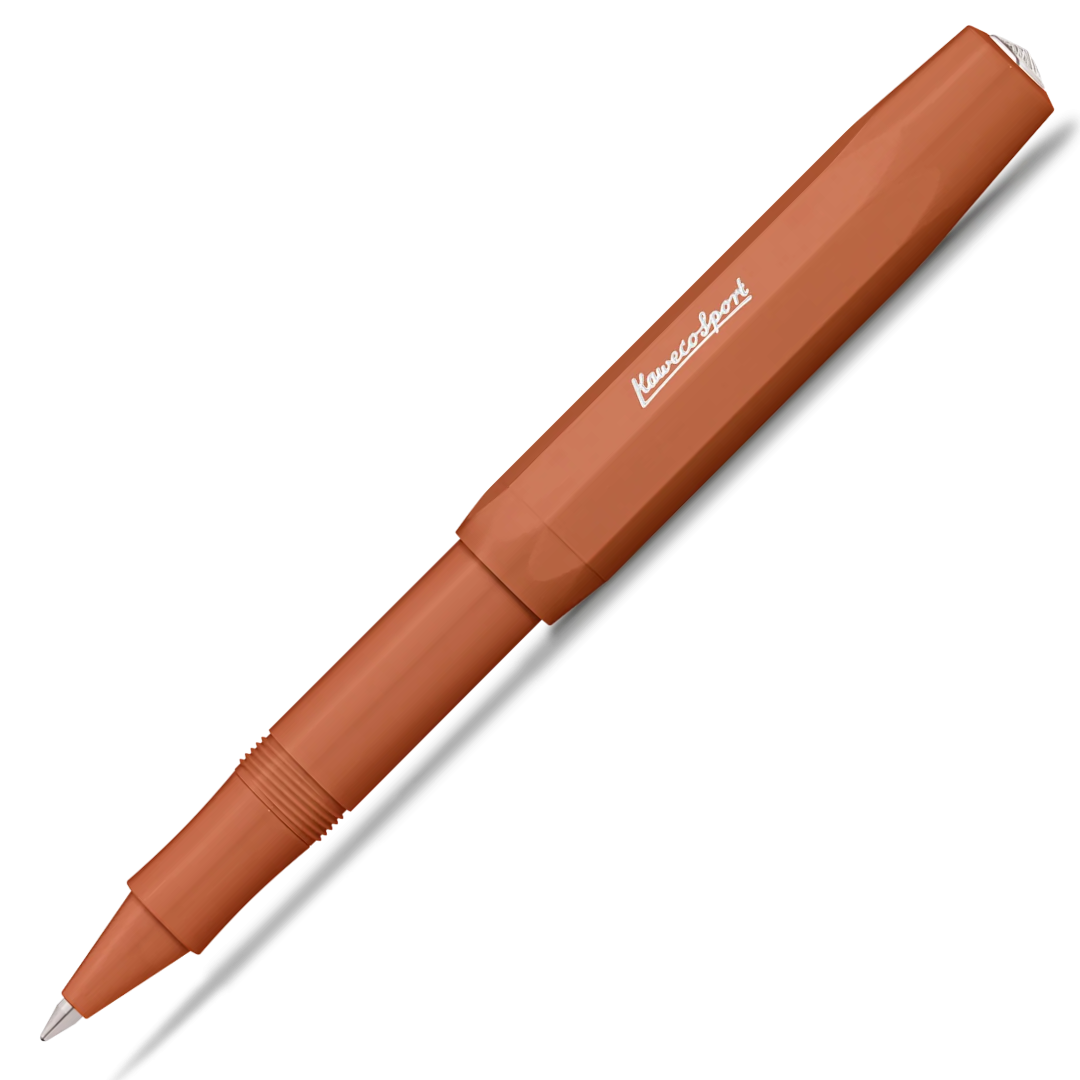 A pen in a warm terracotta brown color, shown diagonally on a clean white background with a soft drop shadow.