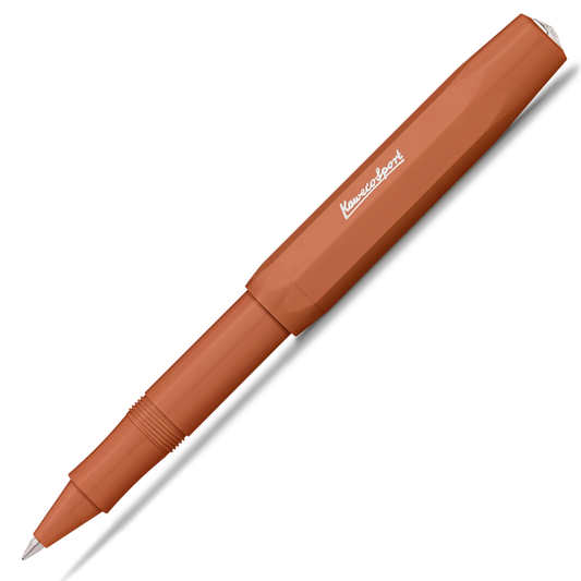 A pen in a warm terracotta brown color, shown diagonally on a clean white background with a soft drop shadow.