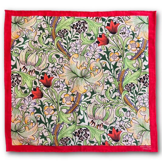 Regent - Cotton/Silk - Pocket Square - William Morris Liberty Print 'Golden Lily' Pattern - Red