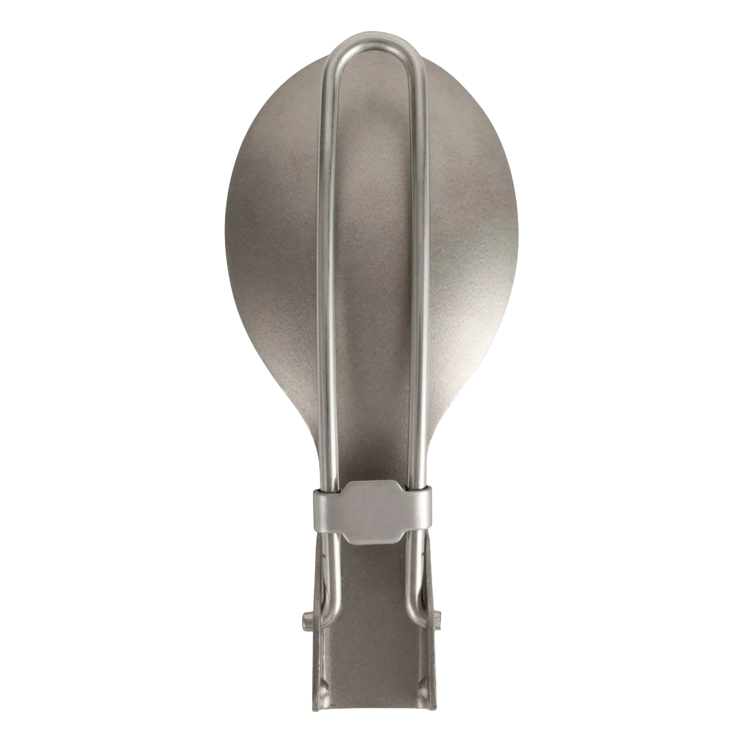 A stainless steel folded spoon, a U-shaped arm, and a mounting bracket, shown against a solid white background.