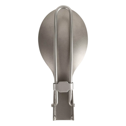A stainless steel folded spoon, a U-shaped arm, and a mounting bracket, shown against a solid white background.