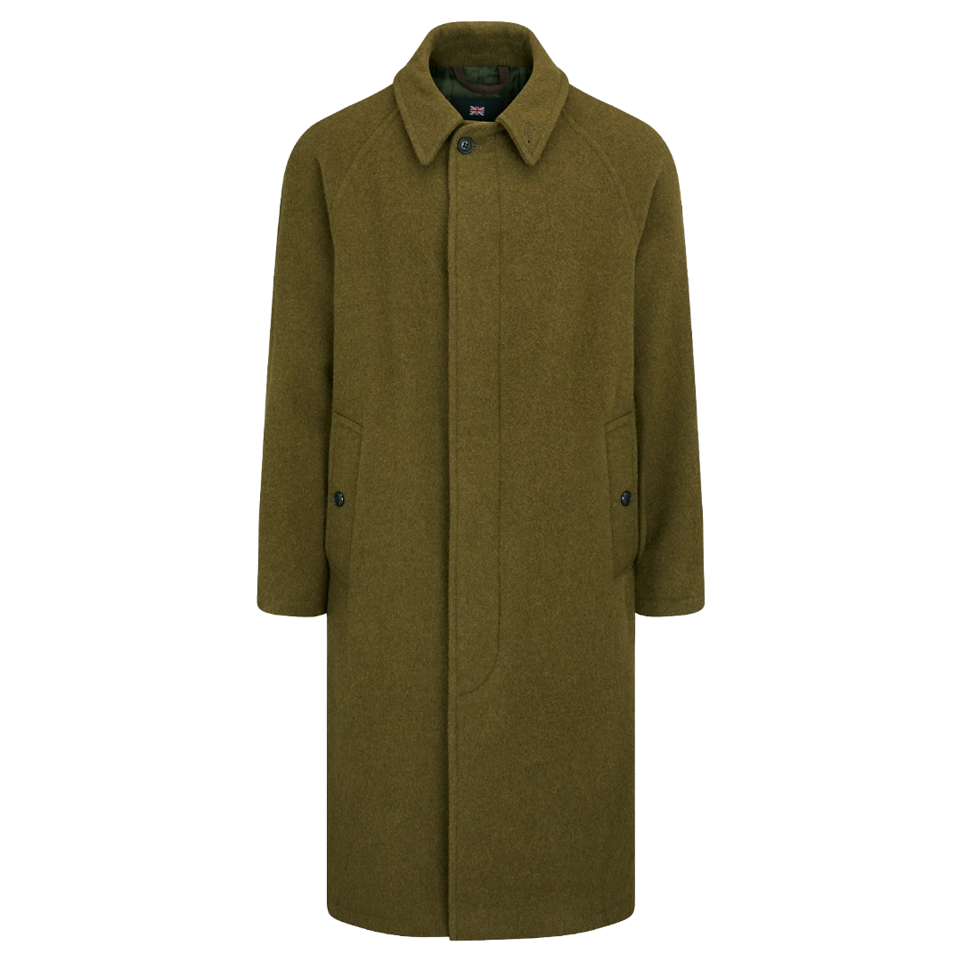 An olive green wool-blend coat with a single-breasted front, collar, and flap pockets, shown on a plain white background.