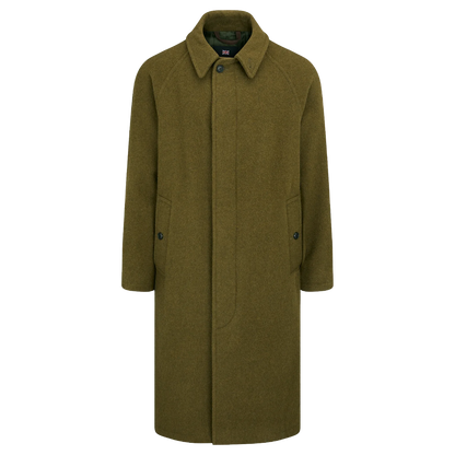 An olive green wool-blend coat with a single-breasted front, collar, and flap pockets, shown on a plain white background.