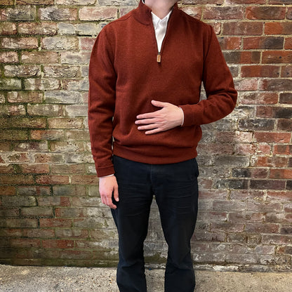 Regent - Quarter Zip Jumper  - Geelong Lambswool - Brick Red Sienna - funnel neck - ribbed cuff