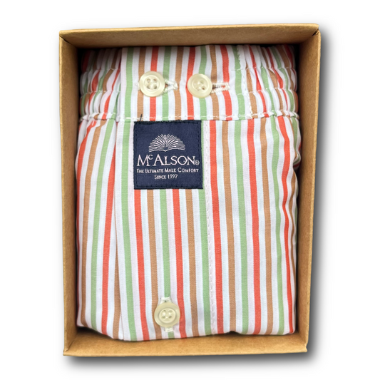 Folded striped shirt with buttons in a box, featuring the McAlson brand label.