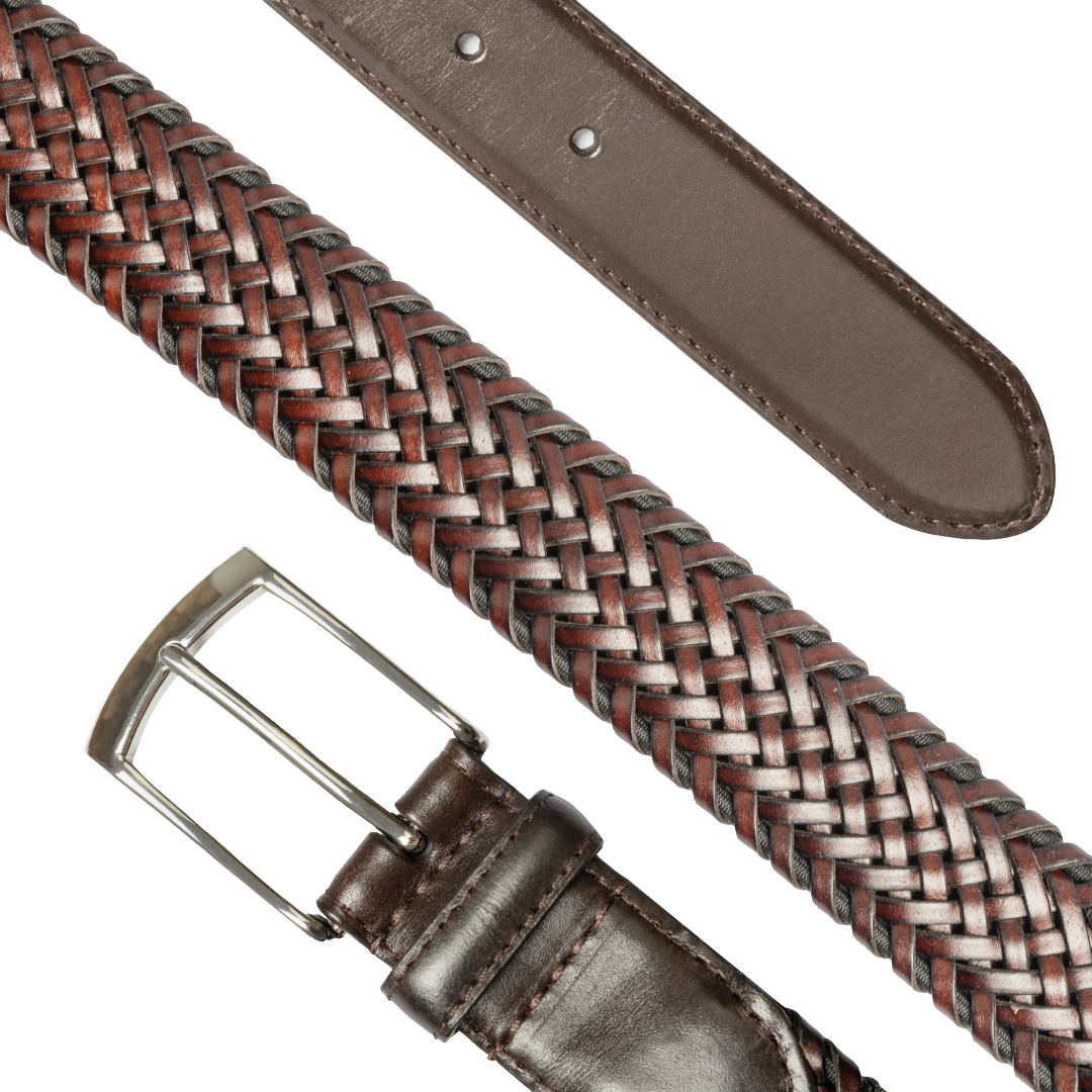 A brown braided leather belt with a silver-tone metal buckle, shown in a close-up studio shot on a white background. The image includes a detailed view of the braided pattern, a section of the smooth brown leather keeper, and a close-up of the buckle and keeper attachment.