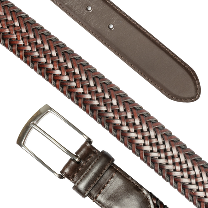 A brown braided leather belt with a silver-tone metal buckle, shown in a close-up studio shot on a white background. The image includes a detailed view of the braided pattern, a section of the smooth brown leather keeper, and a close-up of the buckle and keeper attachment.