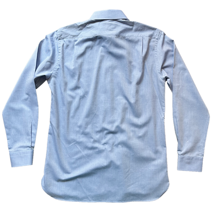 A light blue long-sleeve button-down shirt shown from the back, laid flat against a solid white background.