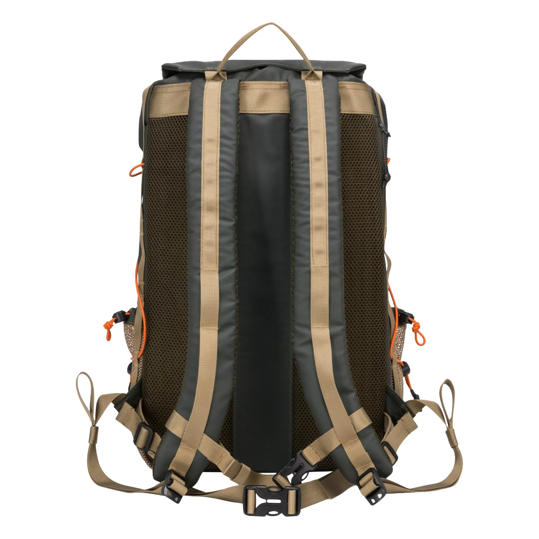 A tactical backpack shown from the back profile on a solid white background. The backpack features a dark gray upper section, a tan lower mesh pocket with orange bungee cords, and a tan shoulder strap.