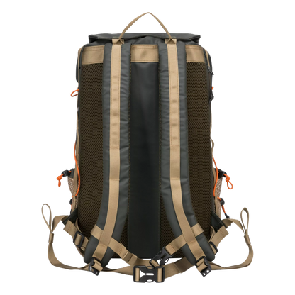 A tactical backpack shown from the back profile on a solid white background. The backpack features a dark gray upper section, a tan lower mesh pocket with orange bungee cords, and a tan shoulder strap.