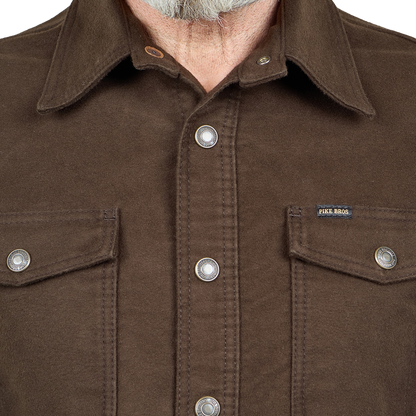 Close-up of a brown waxed canvas button-up shirt by Jicks Bros., featuring a collar, silver snap buttons, and chest pockets.