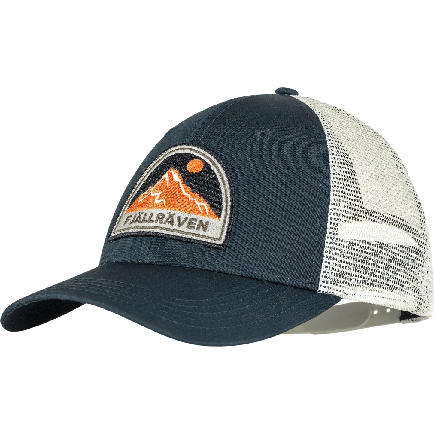 Navy and orange badge Långtradarkeps Trucker hat with mountain logo and 'Fjällräven' with white mesh