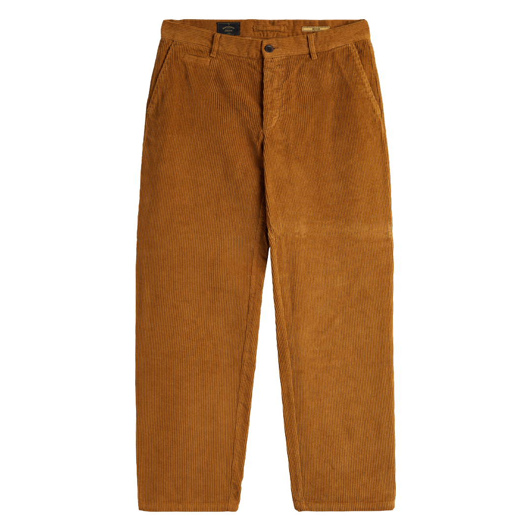 A pair of brown corduroy trousers shown flat against a solid white background.