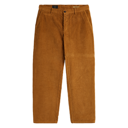 A pair of brown corduroy trousers shown flat against a solid white background.