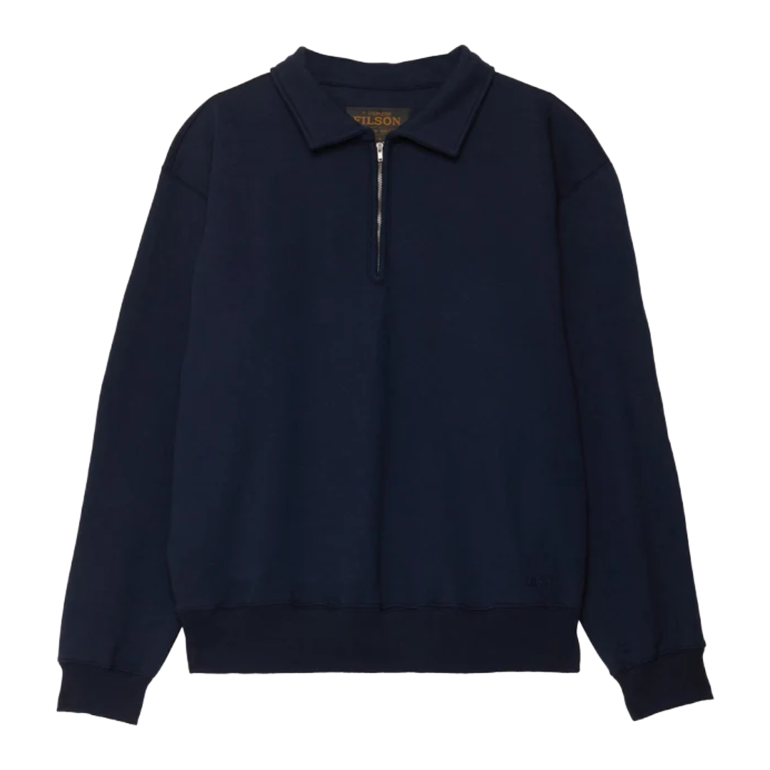 A dark navy blue long-sleeve quarter-zip sweatshirt with a classic collar, ribbed hem, and ribbed cuffs, shown flat on a white background.