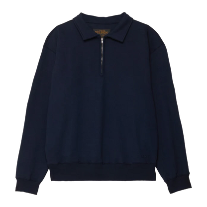 A dark navy blue long-sleeve quarter-zip sweatshirt with a classic collar, ribbed hem, and ribbed cuffs, shown flat on a white background.