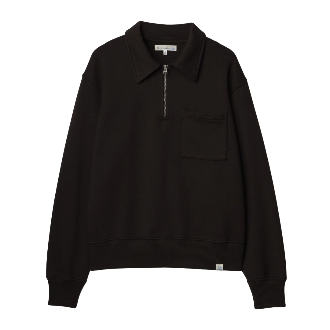 A brown long-sleeve quarter-zip pullover sweatshirt with a classic collar, a chest pocket, and ribbed cuffs and hem, shown flat on a white background.