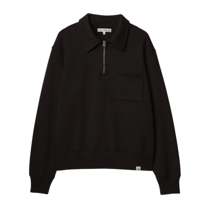 A brown long-sleeve quarter-zip pullover sweatshirt with a classic collar, a chest pocket, and ribbed cuffs and hem, shown flat on a white background.