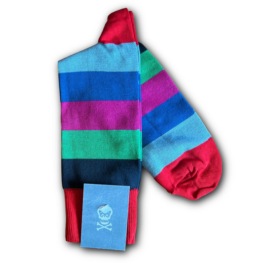 A multi coloured striped sock. The stripes are red, navy, green, pink, blue and azure. sold at regent in salisbury