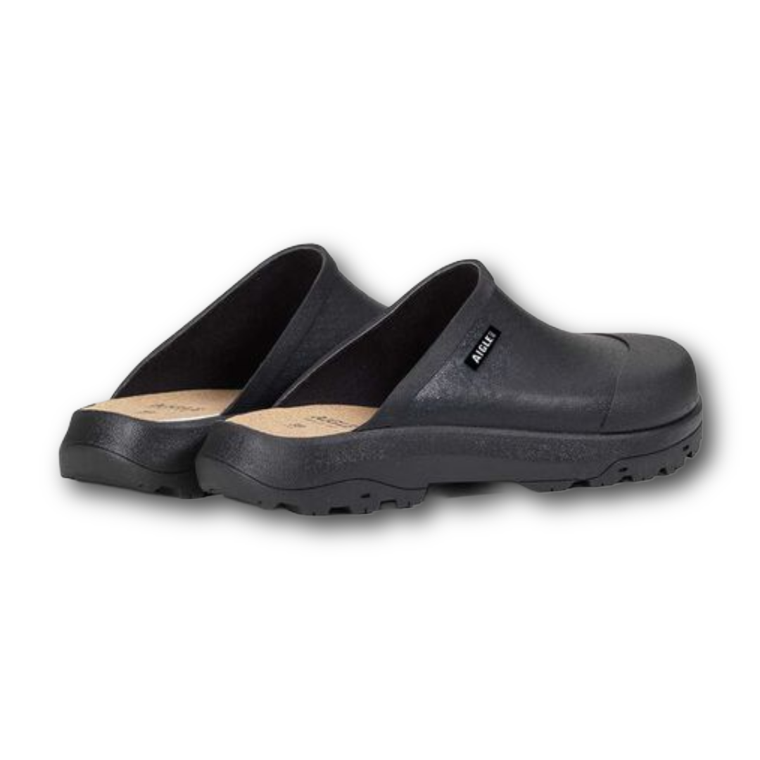 Back of comfortable black rubber clogs sold at Regent in Salisbury