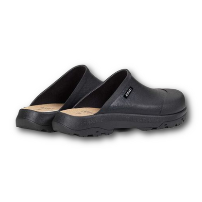 Back of comfortable black rubber clogs sold at Regent in Salisbury
