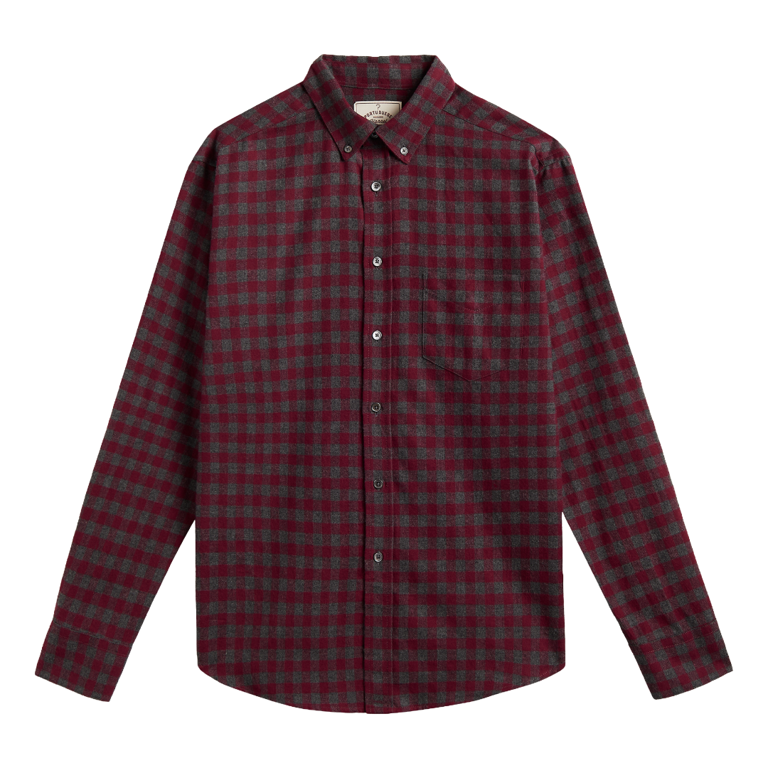 A long-sleeve button-down plaid shirt in dark red and green, featuring a classic collar, button-down front, and a chest pocket, shown against a plain white background.
