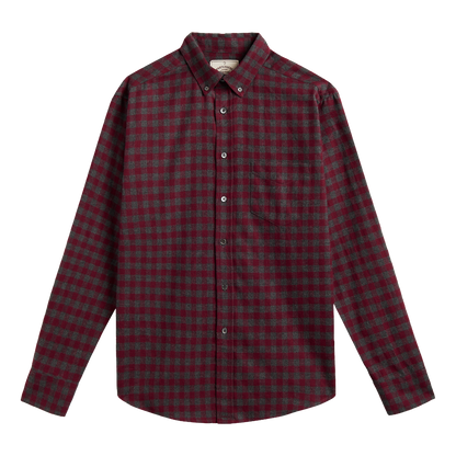 A long-sleeve button-down plaid shirt in dark red and green, featuring a classic collar, button-down front, and a chest pocket, shown against a plain white background.