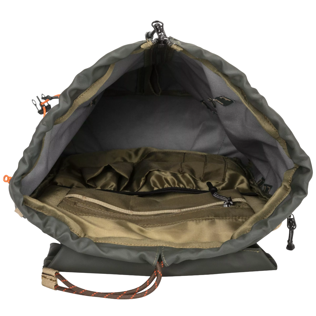 An open olive green drawstring backpack shown from above, revealing a gray interior lining, multiple zippered compartments, and a brown-and-orange patterned drawstring cord.