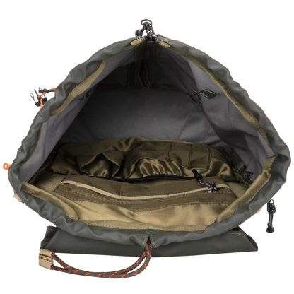 An open olive green drawstring backpack shown from above, revealing a gray interior lining, multiple zippered compartments, and a brown-and-orange patterned drawstring cord.