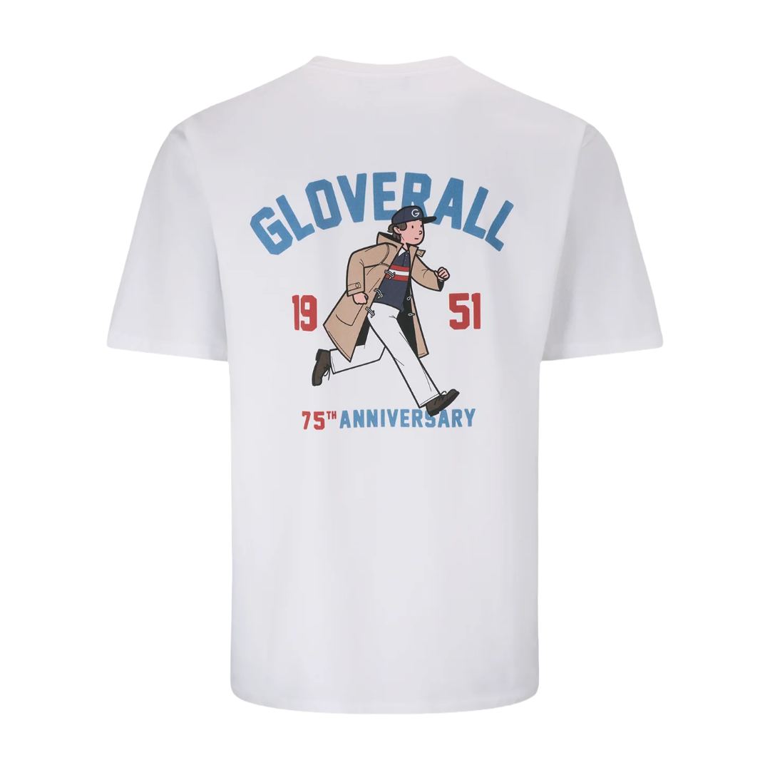 White short-sleeve t-shirt shown from the back, featuring a large graphic print with the word 'GLOVERALL' in blue, a cartoon figure in a tan coat, the numbers '1951', and '75th ANNIVERSARY' in blue and red.