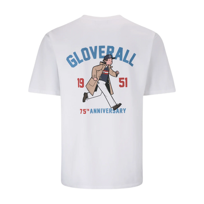White short-sleeve t-shirt shown from the back, featuring a large graphic print with the word 'GLOVERALL' in blue, a cartoon figure in a tan coat, the numbers '1951', and '75th ANNIVERSARY' in blue and red.
