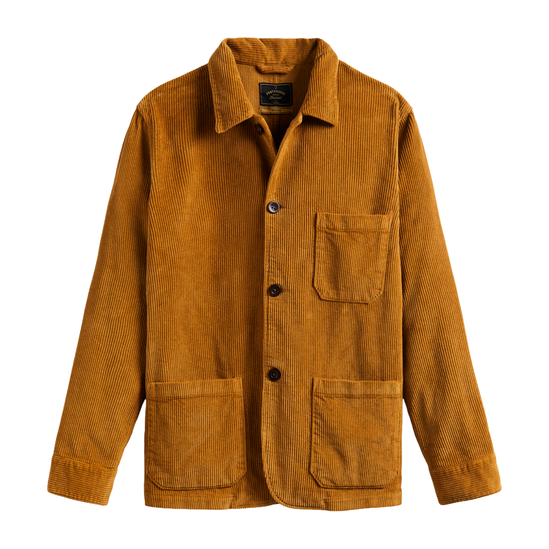 A mustard yellow corduroy utility jacket with a button-up front, chest pocket, and two front patch pockets, shown flat against a white background.