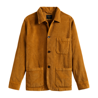 A mustard yellow corduroy utility jacket with a button-up front, chest pocket, and two front patch pockets, shown flat against a white background.