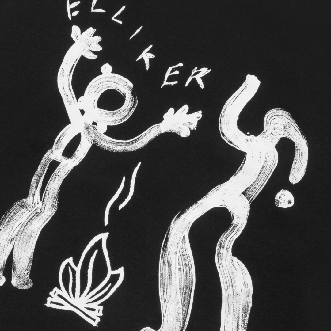 A close-up of a black garment featuring a white hand-drawn abstract illustration with the word 'ELLKER' in a stylized font.