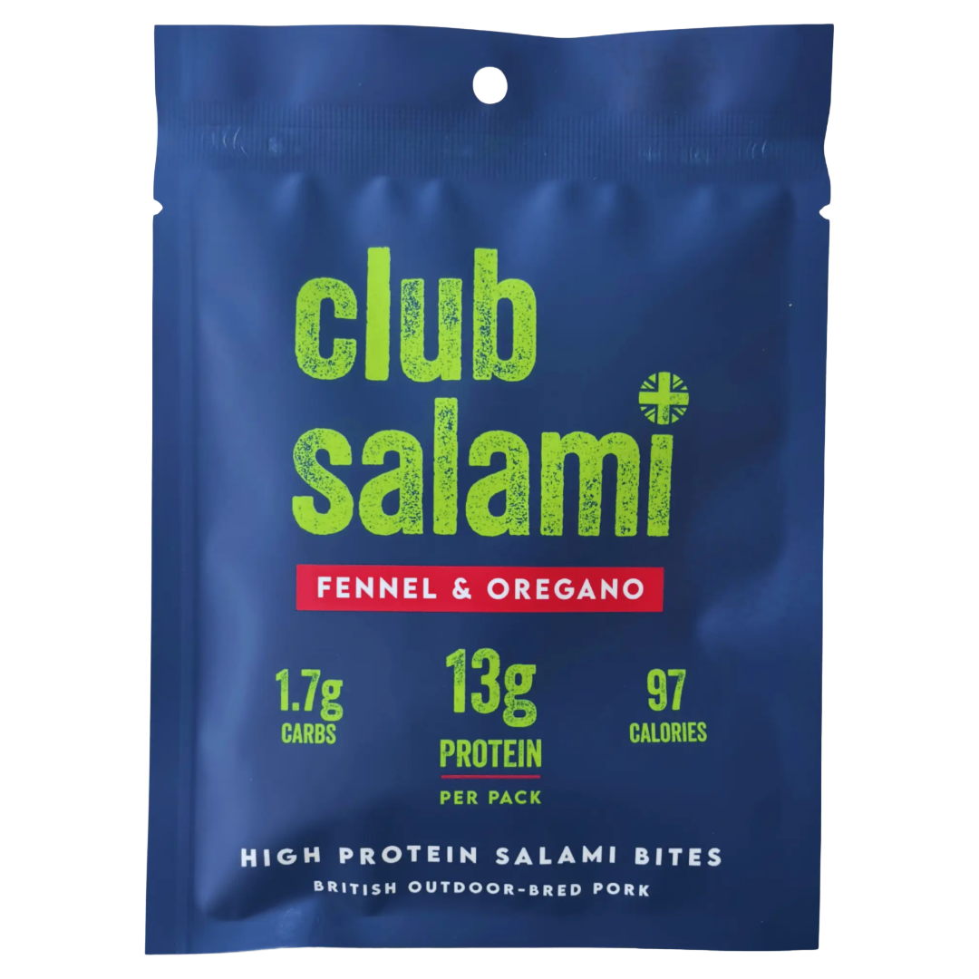 Club Salami Fennel & Oregano protein salami bites in a blue resealable pouch with lime green and red text, shown on a plain white background.