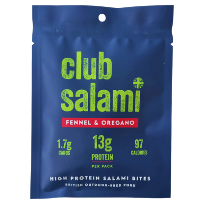 Club Salami Fennel & Oregano protein salami bites in a blue resealable pouch with lime green and red text, shown on a plain white background.