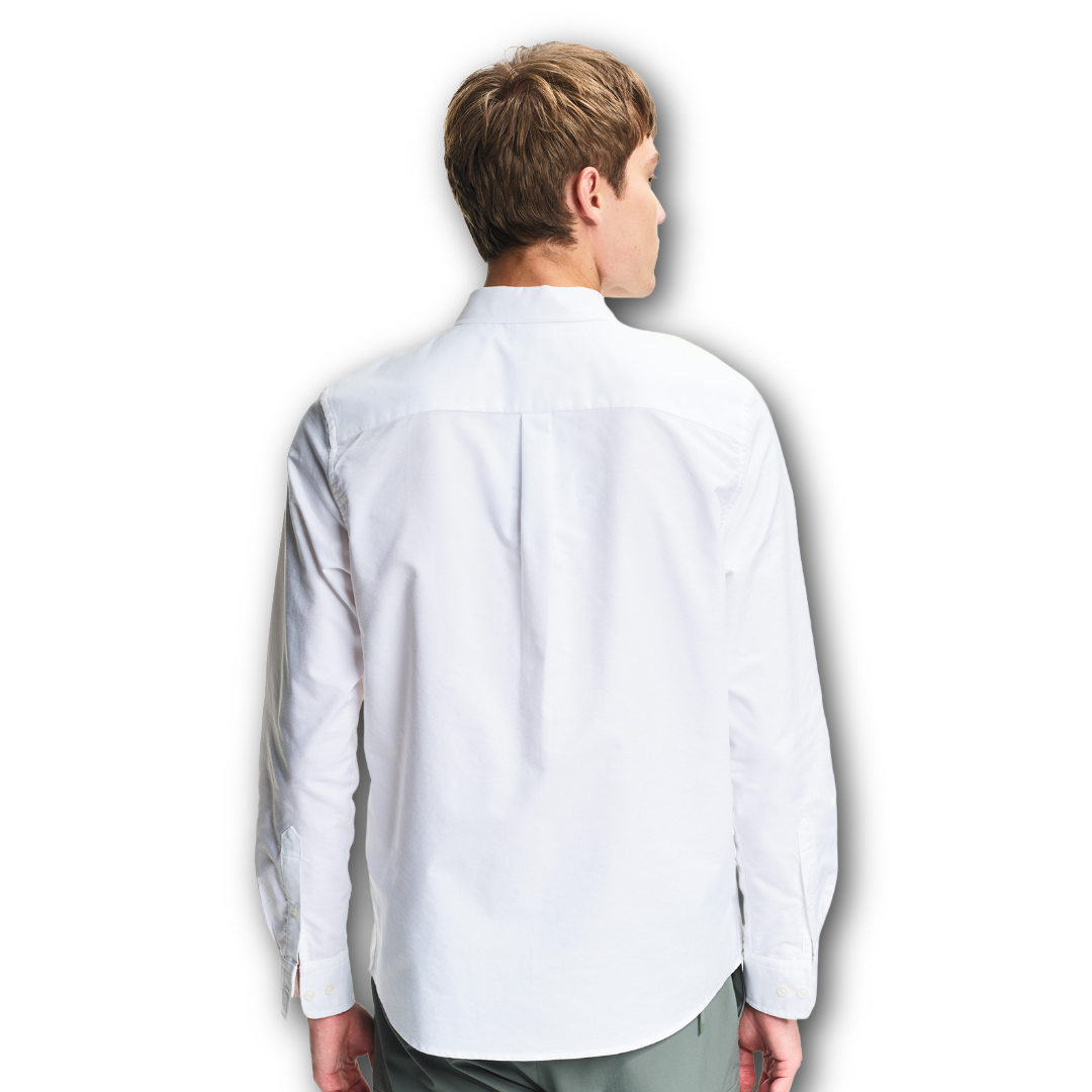 Back of a person wearing a white linen Aigle shirt on a white background sold at Regent in Salisbury