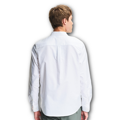 Back of a person wearing a white linen Aigle shirt on a white background sold at Regent in Salisbury