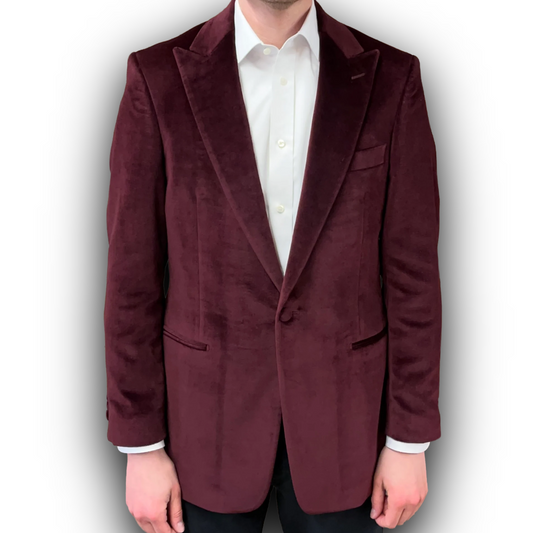 Maroon blazer worn by a person on a white background