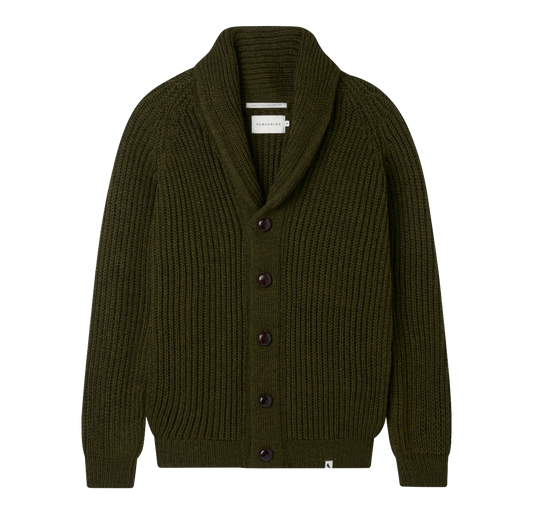An olive green ribbed knit cardigan sweater with a shawl collar and dark buttons, shown flat against a white background.