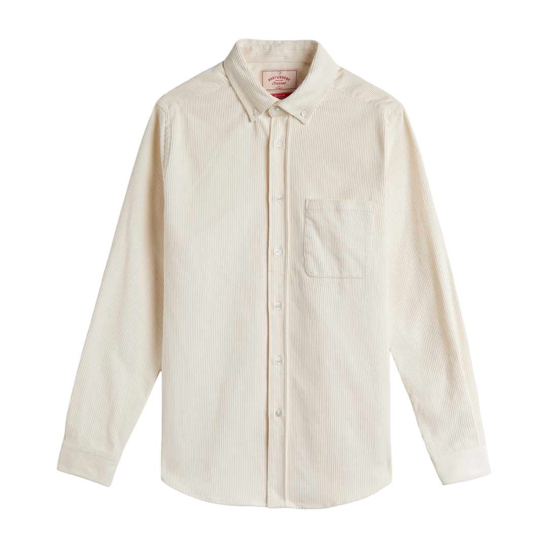 An off-white long-sleeve button-down shirt with a chest pocket, shown flat against a solid white background.