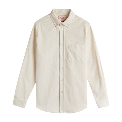 An off-white long-sleeve button-down shirt with a chest pocket, shown flat against a solid white background.