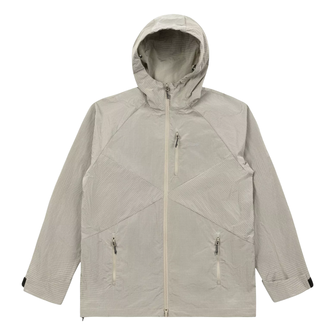 A light beige hooded jacket with a subtle grid pattern, featuring a full-length front zipper, two zippered hand pockets, and a high collar, shown against a plain white background.