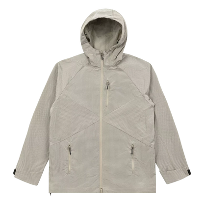 A light beige hooded jacket with a subtle grid pattern, featuring a full-length front zipper, two zippered hand pockets, and a high collar, shown against a plain white background.