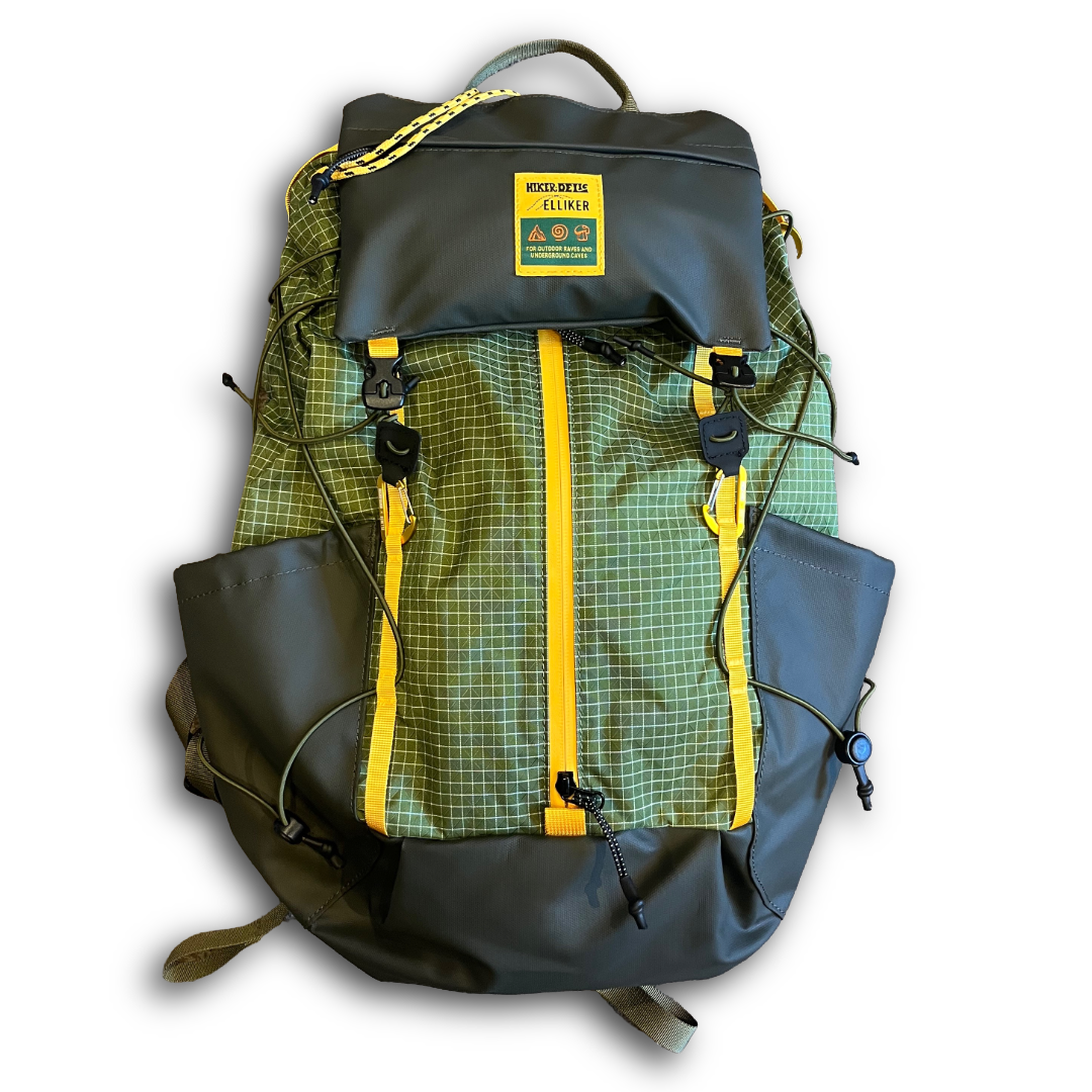 Eliker green black and yellow checekred water resistant backpack sold at Regent in Salisbury with bottle holders