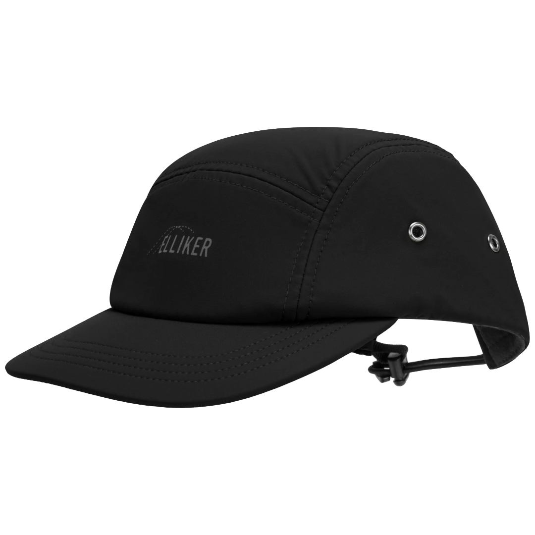 A black five-panel cap with a curved brim, featuring a subtle gray 'ELLIKER' logo on the front panel and ventilation eyelets, shown against a plain white background.