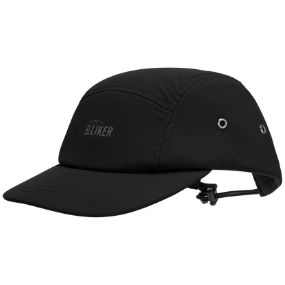 A black five-panel cap with a curved brim, featuring a subtle gray 'ELLIKER' logo on the front panel and ventilation eyelets, shown against a plain white background.